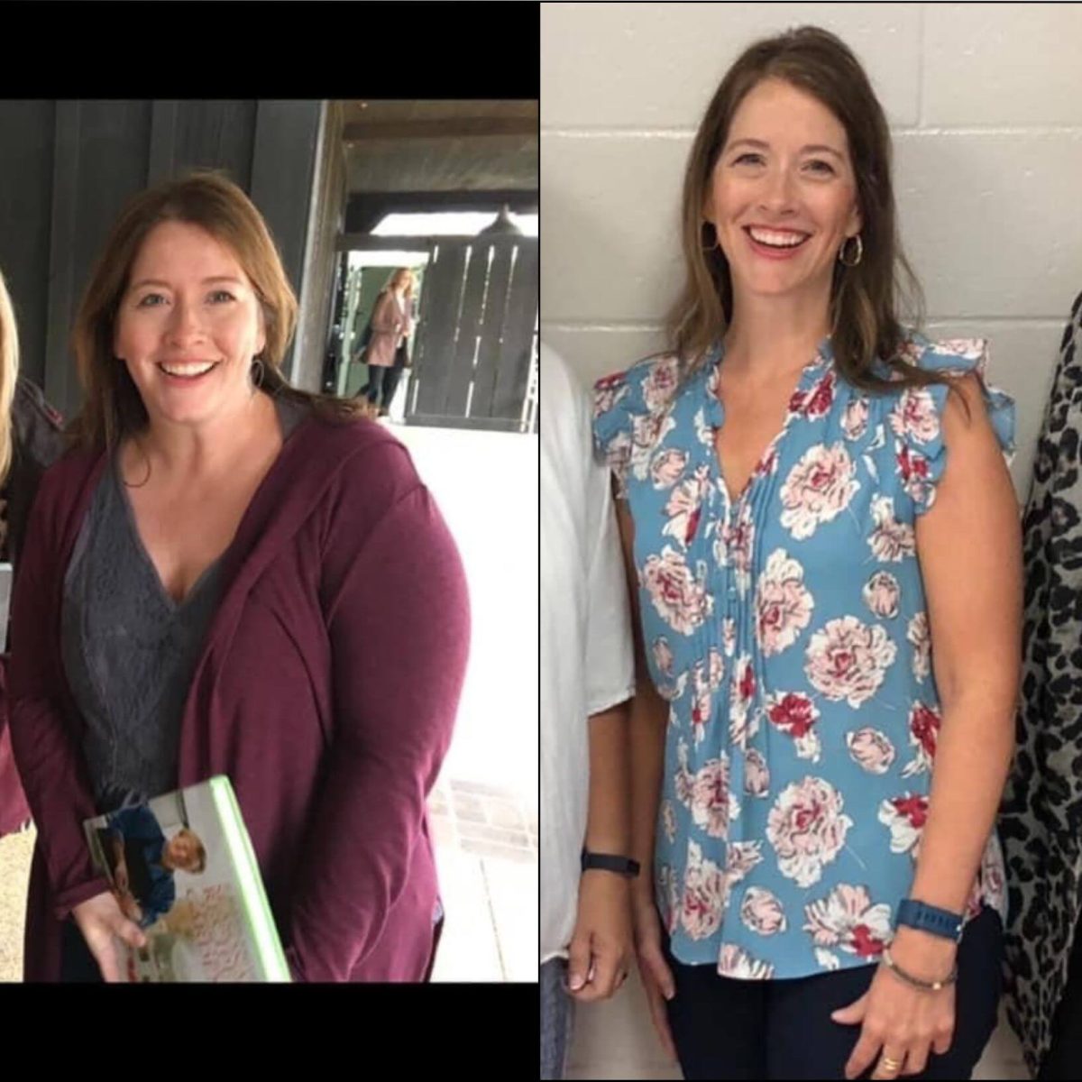 Two pictures of a woman before and after a weight loss program.