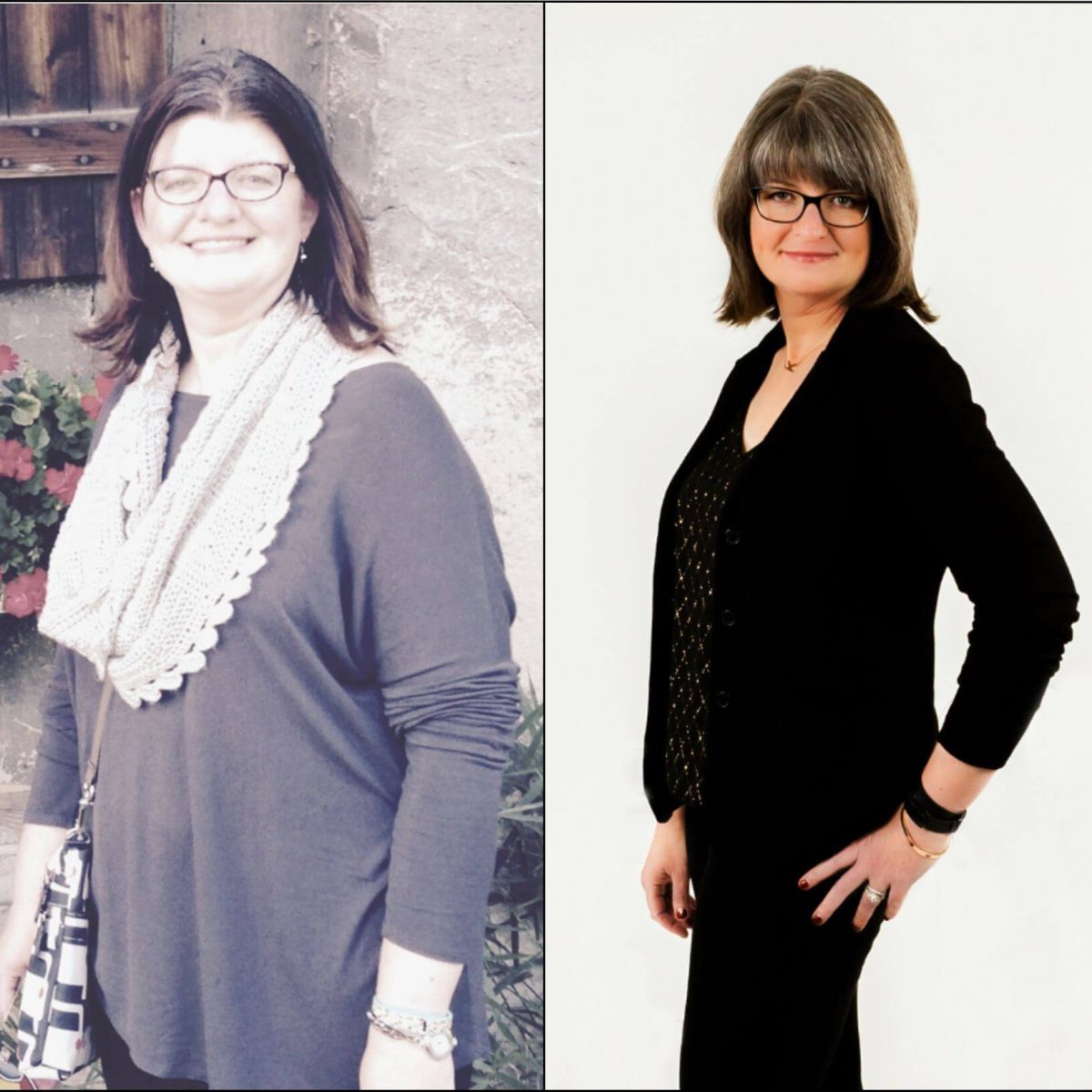 Two pictures of a woman with glasses and a scarf.