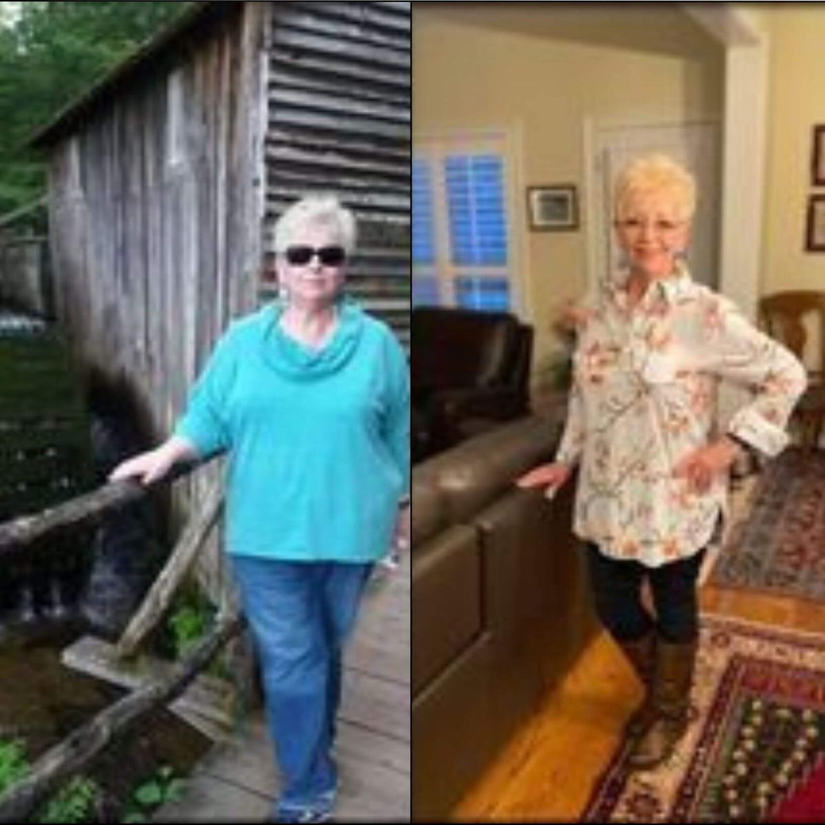 Two pictures of an older woman standing in front of a house.