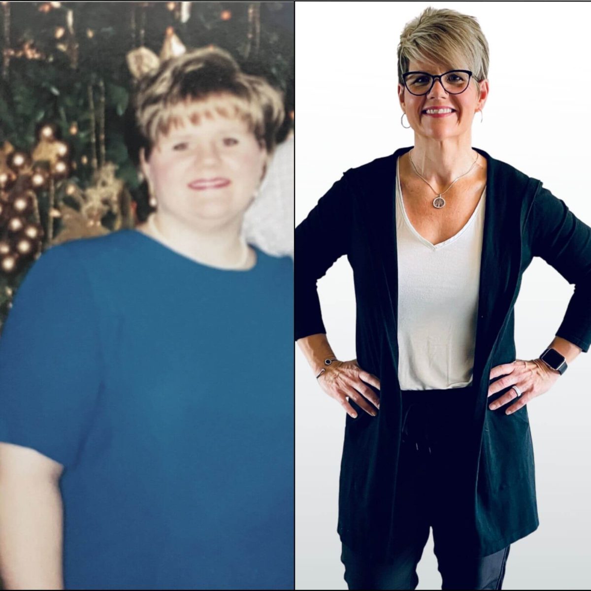 Two pictures of a woman before and after a weight loss program.
