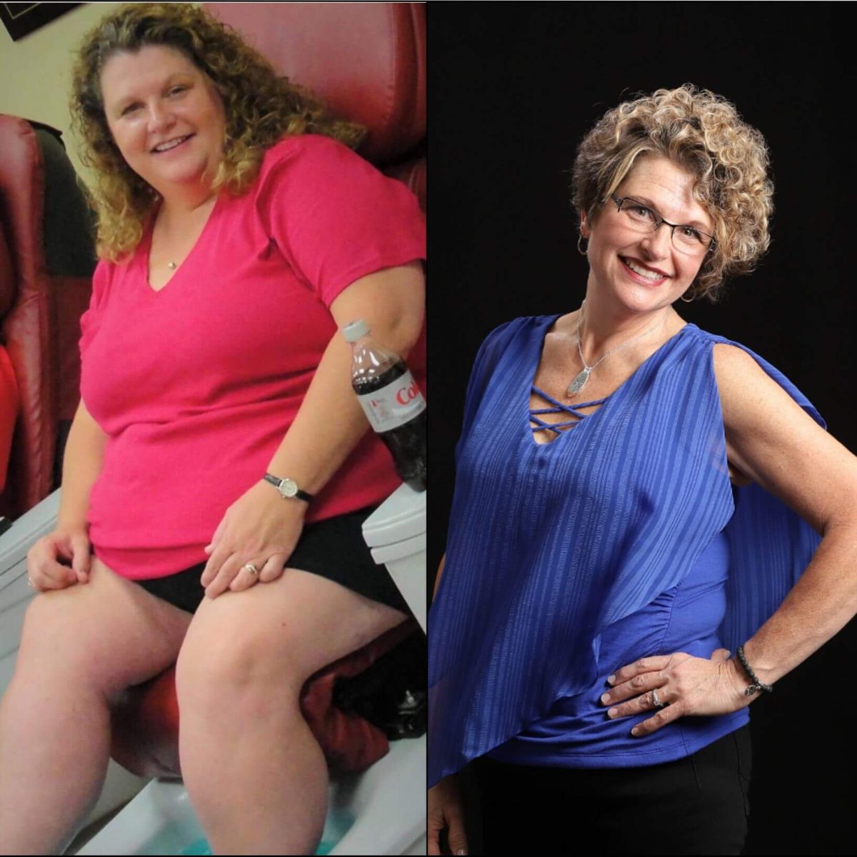 Two pictures of a woman before and after a weight loss program.