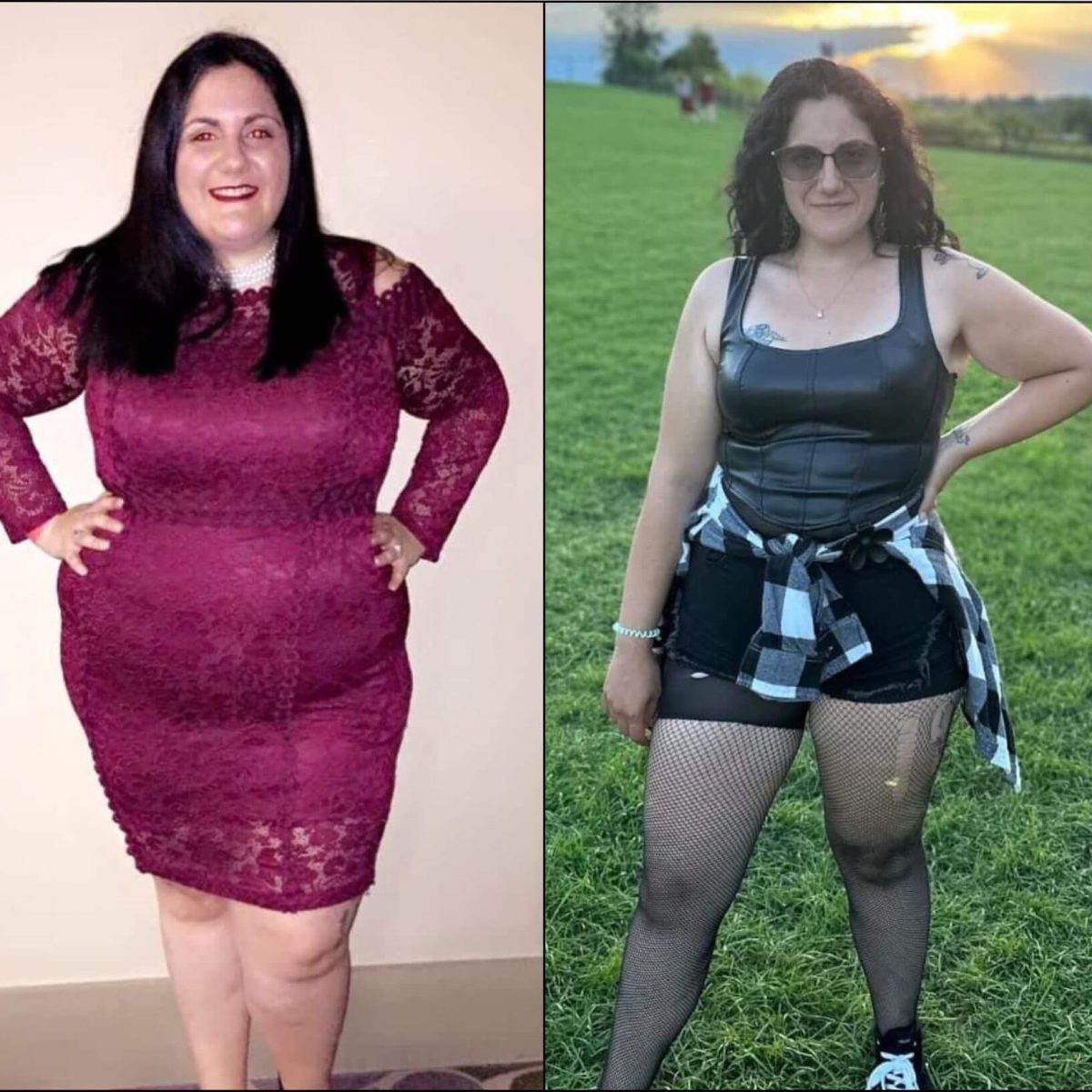 Two pictures of a woman posing before and after a weight loss.