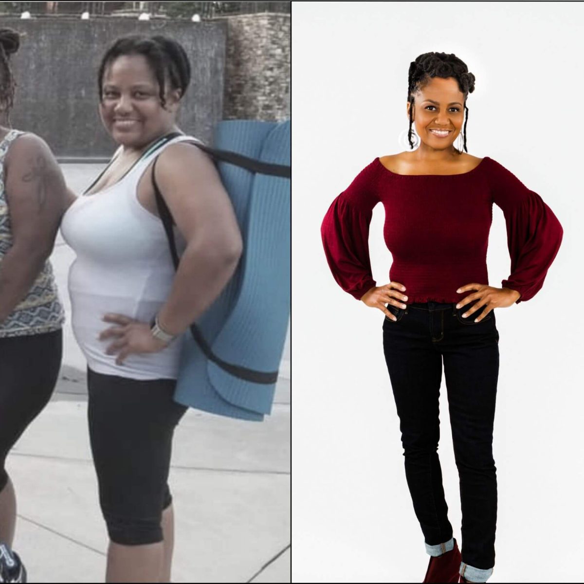 Two pictures of a woman before and after weight loss.