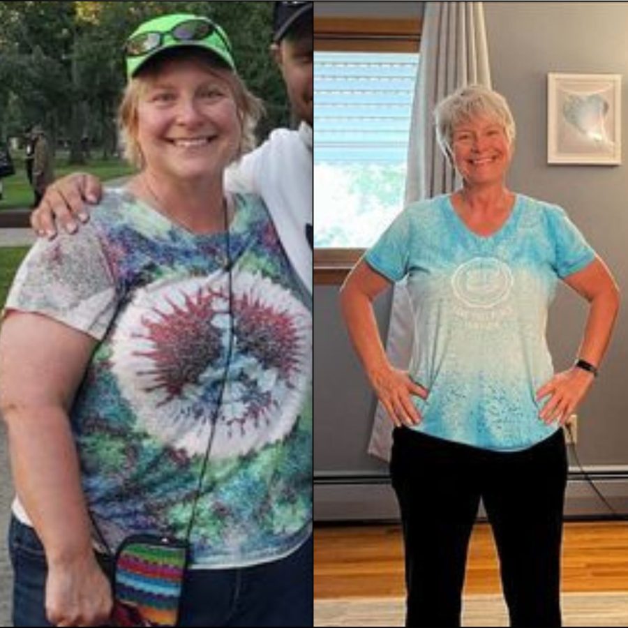 Two pictures of a woman before and after a weight loss program.